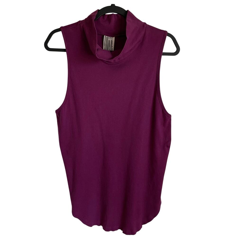 Free People Mock Neck Sleeveless Tank Top Sz M Rounded Raw Hem Cotton Berry